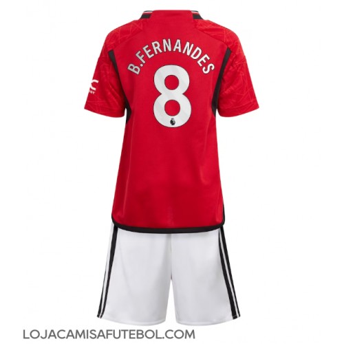 Camisa de Futebol Manchester United Bruno Fernandes #8 Equipamento Principal Infantil 2023-24 Manga Curta (+ Calças curtas)